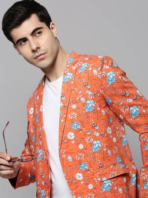 Men's Notched Lapel Printed Coral Open Front Blazer 1