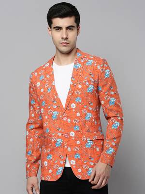 Men's Notched Lapel Printed Coral Open Front Blazer 2