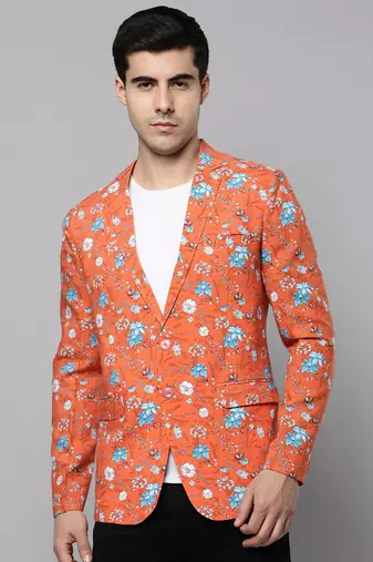 Men's Notched Lapel Printed Coral Open Front Blazer