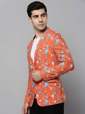 Men's Notched Lapel Printed Coral Open Front Blazer 3