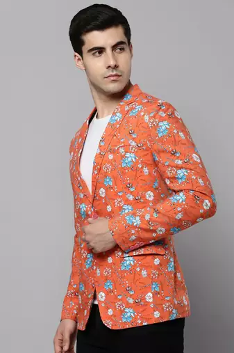 Men's Notched Lapel Printed Coral Open Front Blazer