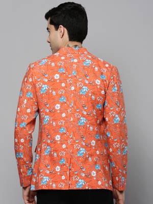 Men's Notched Lapel Printed Coral Open Front Blazer 4