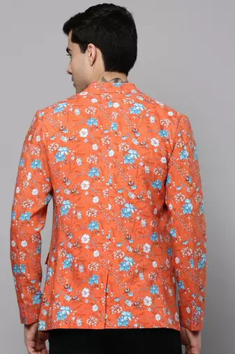 Men's Notched Lapel Printed Coral Open Front Blazer