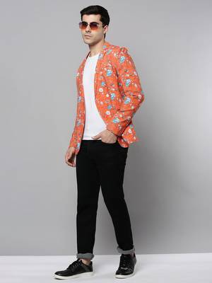 Men's Notched Lapel Printed Coral Open Front Blazer 5
