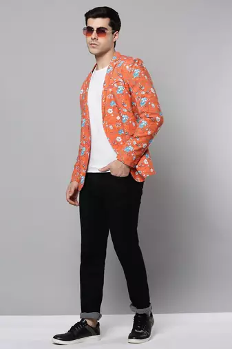 Men's Notched Lapel Printed Coral Open Front Blazer