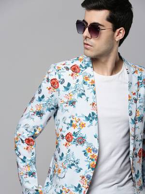 SHOWOFF Men's Notched Lapel Printed Blue Open Front Blazer 1