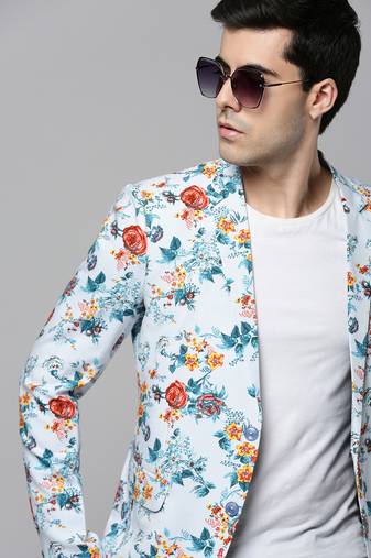 SHOWOFF Men's Notched Lapel Printed Blue Open Front Blazer