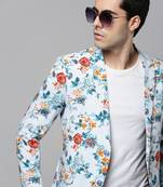 SHOWOFF Men's Notched Lapel Printed Blue Open Front Blazer