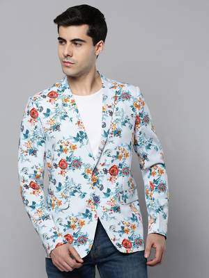 SHOWOFF Men's Notched Lapel Printed Blue Open Front Blazer 2