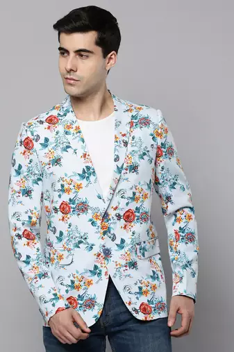 SHOWOFF Men's Notched Lapel Printed Blue Open Front Blazer