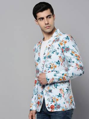 SHOWOFF Men's Notched Lapel Printed Blue Open Front Blazer 3