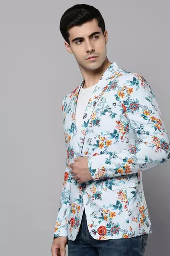 SHOWOFF Men's Notched Lapel Printed Blue Open Front Blazer