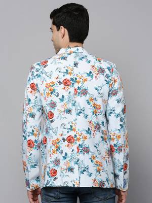 SHOWOFF Men's Notched Lapel Printed Blue Open Front Blazer 4