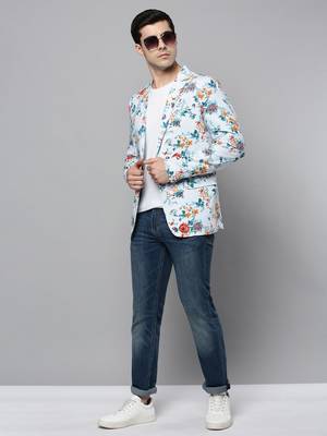 SHOWOFF Men's Notched Lapel Printed Blue Open Front Blazer 5