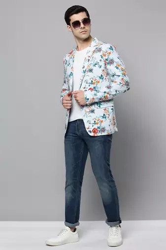 SHOWOFF Men's Notched Lapel Printed Blue Open Front Blazer
