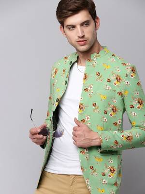 Men's Mandarin Collar Printed Green Open Front Blazer 1