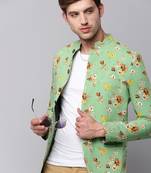 Men's Mandarin Collar Printed Green Open Front Blazer