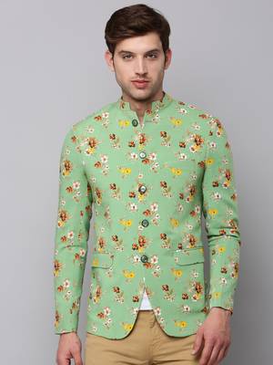 Men's Mandarin Collar Printed Green Open Front Blazer 2