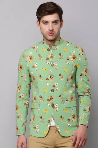 Men's Mandarin Collar Printed Green Open Front Blazer