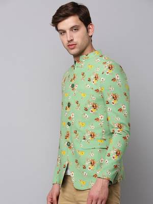 Men's Mandarin Collar Printed Green Open Front Blazer 3