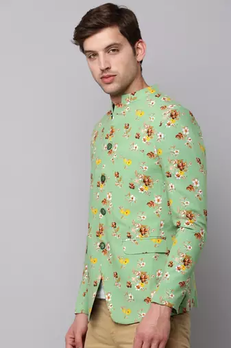 Men's Mandarin Collar Printed Green Open Front Blazer