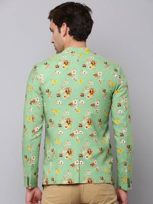 Men's Mandarin Collar Printed Green Open Front Blazer 4