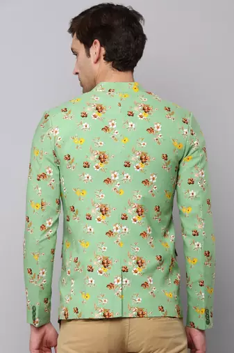 Men's Mandarin Collar Printed Green Open Front Blazer