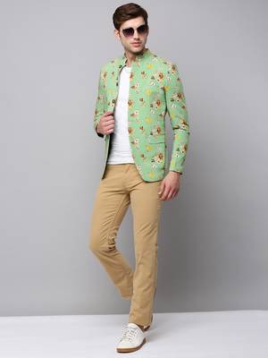 Men's Mandarin Collar Printed Green Open Front Blazer 5