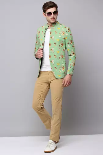 Men's Mandarin Collar Printed Green Open Front Blazer