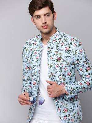 SHOWOFF Men's Mandarin Collar Printed Blue Open Front Blazer 1