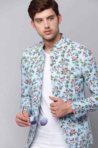 SHOWOFF Men's Mandarin Collar Printed Blue Open Front Blazer