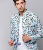 SHOWOFF Men's Mandarin Collar Printed Blue Open Front Blazer