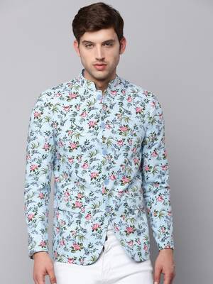 SHOWOFF Men's Mandarin Collar Printed Blue Open Front Blazer 2
