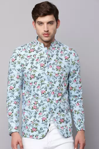 SHOWOFF Men's Mandarin Collar Printed Blue Open Front Blazer