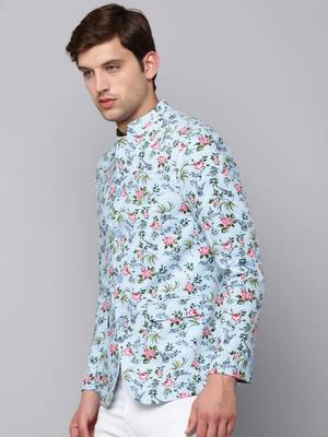 SHOWOFF Men's Mandarin Collar Printed Blue Open Front Blazer 3