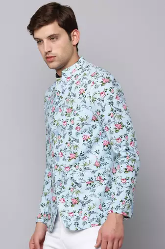 SHOWOFF Men's Mandarin Collar Printed Blue Open Front Blazer