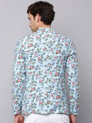SHOWOFF Men's Mandarin Collar Printed Blue Open Front Blazer 4