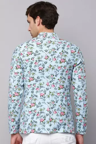SHOWOFF Men's Mandarin Collar Printed Blue Open Front Blazer
