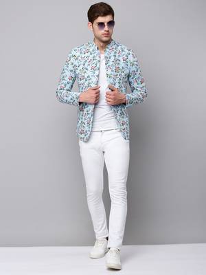 SHOWOFF Men's Mandarin Collar Printed Blue Open Front Blazer 5