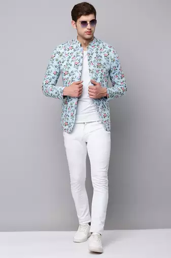 SHOWOFF Men's Mandarin Collar Printed Blue Open Front Blazer