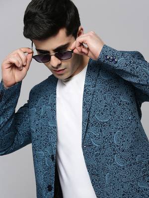 Men's Notched Lapel Printed Black Open Front Blazer 1