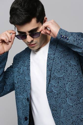 Men's Notched Lapel Printed Black Open Front Blazer