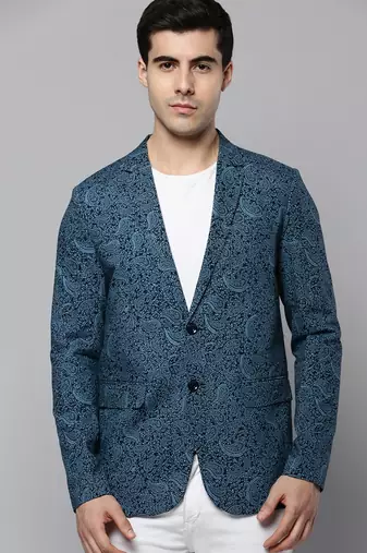 Men's Notched Lapel Printed Black Open Front Blazer