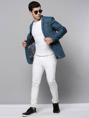 Men's Notched Lapel Printed Black Open Front Blazer 5