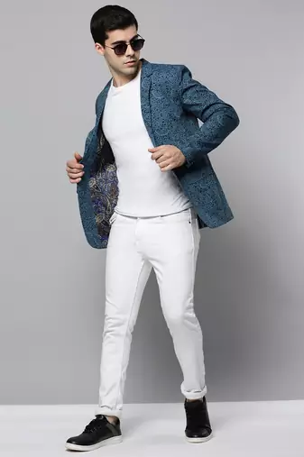 Men's Notched Lapel Printed Black Open Front Blazer
