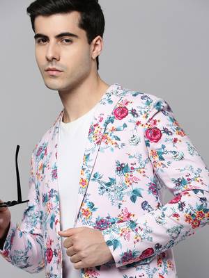 SHOWOFF Men's Notched Lapel Printed Pink Open Front Blazer 1