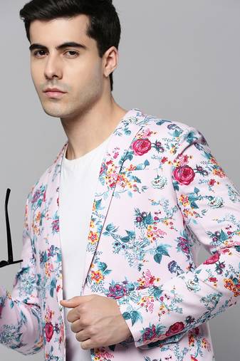 SHOWOFF Men's Notched Lapel Printed Pink Open Front Blazer