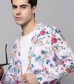 SHOWOFF Men's Notched Lapel Printed Pink Open Front Blazer
