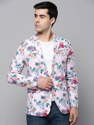 SHOWOFF Men's Notched Lapel Printed Pink Open Front Blazer 2
