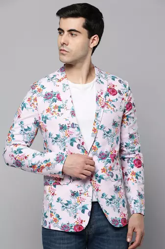 SHOWOFF Men's Notched Lapel Printed Pink Open Front Blazer